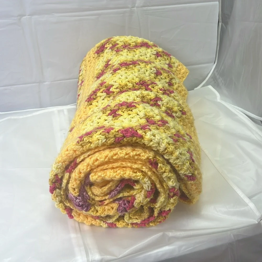 82” x 45” Hand Knit Throw Blanket Soft Yellow Purple